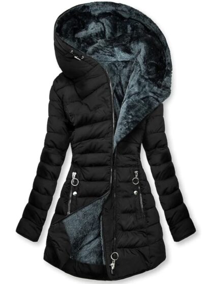 Plush Hooded Mid Length Diagonal Zippered Cotton Jacket