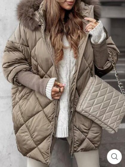 Quilted Hooded Cardigan Jacket with Faux Fur Trim - Warm Winter Coat