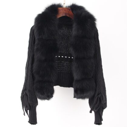 Women's Solid Color Knit Coat with Faux Fur Collar