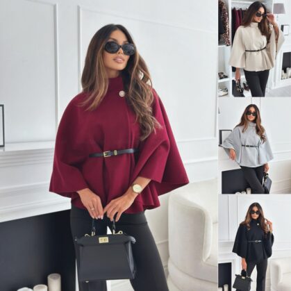 Elegant Tight Waist Poncho Coat with Belt - Chic and Cozy Outerwear