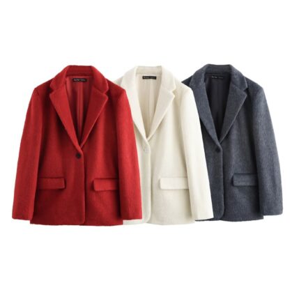 Soft Artificial Fur French Suit Jacket – Elegant Straight-Cut Design